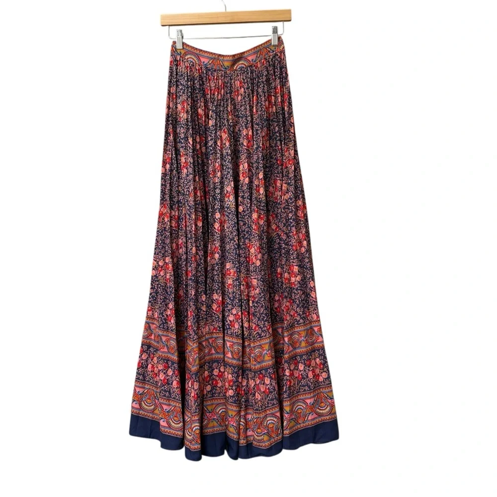 Vintage Elissa of California Blue Pink Pleated Maxi‎ Skirt 60’s 70’s Floral XS